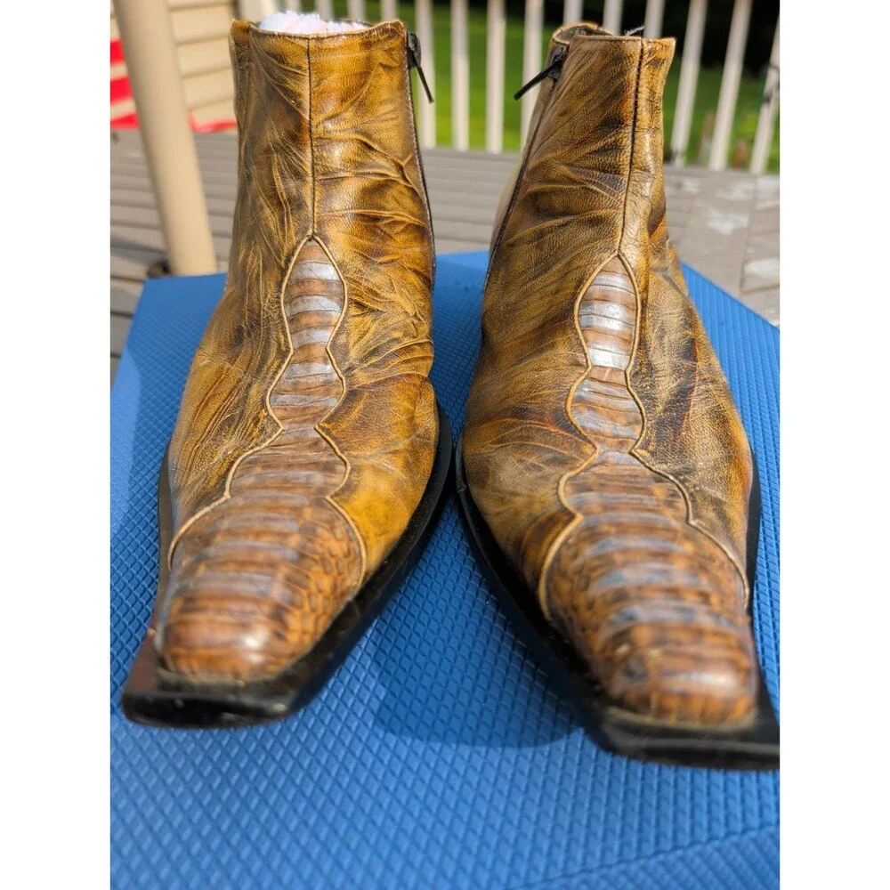 Vintage Juno New York Men's Brown Leather Ankle Boots Genuine Lizard Inlay Sz 9